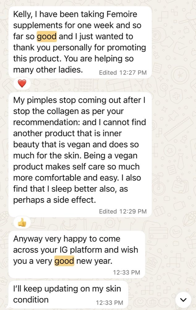 Customer WhatsApp message after switching to Femoire